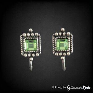 Vintage Napier Green Glass Silver Tone Beaded Frame Dainty Screw Back Earrings